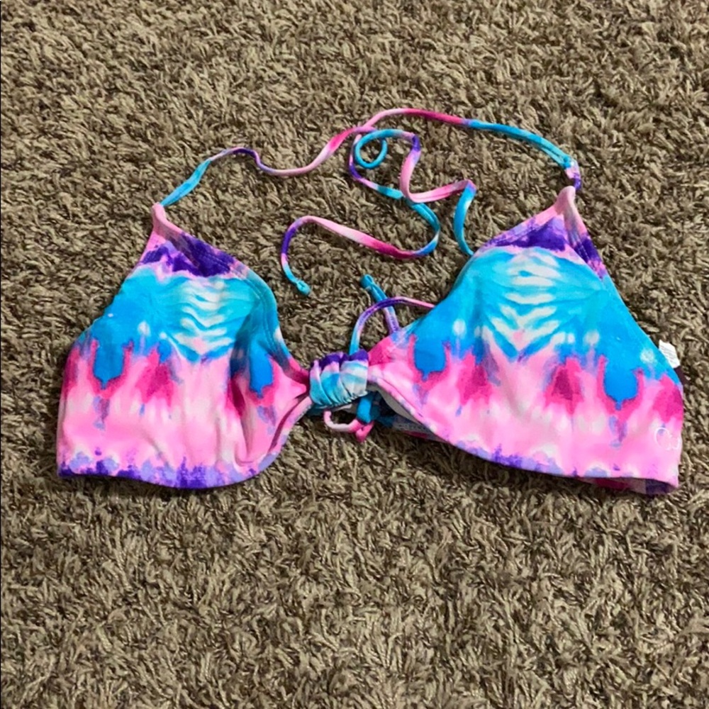 Pink blue and purple tie dye bikini top